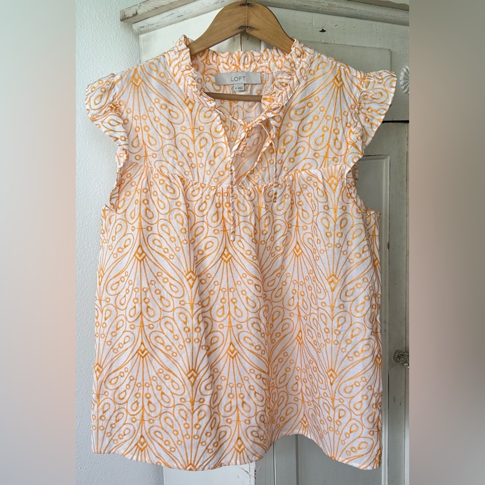 Ann Taylor LOFT | Womens White/Orange Ruffle Collar/Cap Sleeve Embroidered Top M - Picture 5 of 16